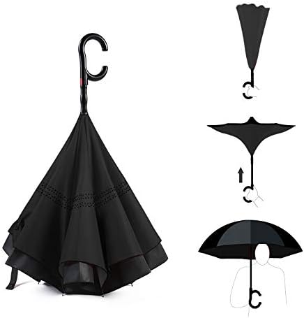 HAIYUN New Auto Open Inverted Designer Umbrella Reverse Folding C Shaped Handle Floor Standing-Black