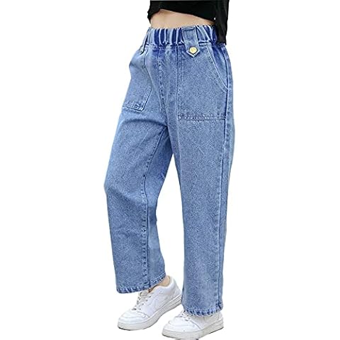 Hangzhikids Girls' Casual Denim Trousers Washed Elastic Waist Wide Leg Jeans Age 4-14 Years(Style5,7-8 Years) Cover