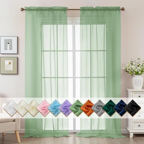 Image of Sage Green Sheer Curtains 108 Inches Extra Long, Privacy Semi Sheer Curtains for Living Room Bedroom, Light Filtering Rod Pocket Voile Window Drapes 2 Panels Set, Each 42 inch W x 108 inch L