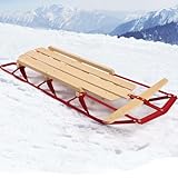 PASAMIC 55 inches Snow Sled, Flexible Pull Steering Snow Slider, Snow Sledge with Solid Wooden Seat, Pull Sled with Metal Runners & Steering Bar, Toboggan for Adults & Kids, Metal & Wood