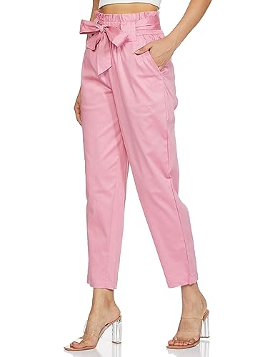 Image of Amazon Brand - Symbol Women's Slim High Rise Ankle Length Tapered Paper Bag Formal Trousers (with Self Fabric Belt) (Available in Plus Sizes)