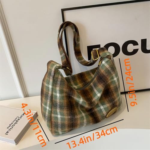 Image of Plaid Purses for Women - Wool Handbag with Pendant, Hobo Shoulder Bag and Tartan Fabric Clutch (Green)