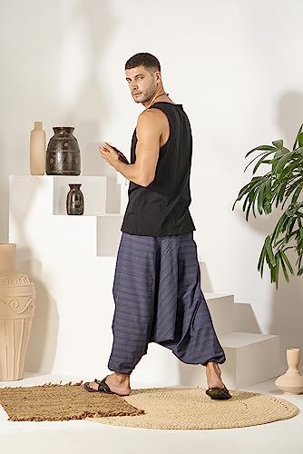 Image of The Veshti Company Cotton Baggy Pants Drop Crotch Harems for Men's Loose Boho Oversized Striped Meditation Yoga Pant with Pocket