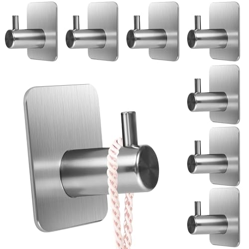 ACOMTUO Ganchos Adhesivos para Pared, Acero Inoxidable Colgador Toallas sin Taladro, ganchos adhesivos para pared, Toalleros Autoadhesivo Extrafuerte para Baño Cocina Albornoz Trapos, Gris, 8 Piezas