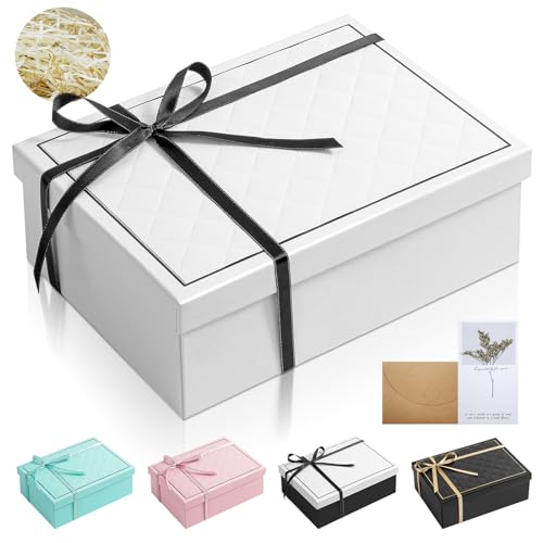25x18x8.5cm Luxus Geschenkbox mit Deckel Falt Geschenkkartons mit Grußkarten und Schleife, Schmuck Geschenkverpackung Box für Valentinstag Geburtstage Weihnachten (Weiß, 25x18x8.5cm)