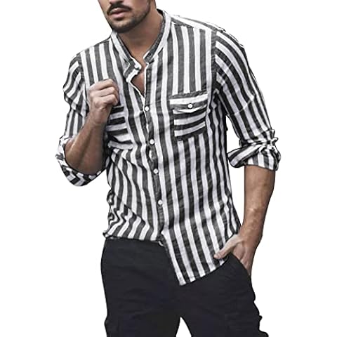 Camisa Hawaiana Hombre Manga Larga Rayas Informal Hebilla Lino Cover
