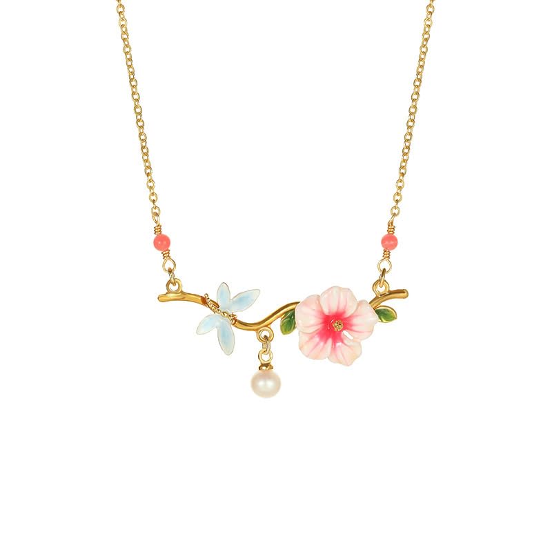 Pink Flower And Dragonfly Pearl Enamel Pendant Necklace Jewelry Gift