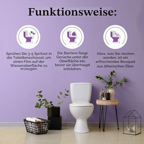 Pourri Lufterfrischer Spray für Bad und WC - Lavendel-Vanille Duft - zur Anwendung vor dem Toilettengang - bindet Gerüche bereits im Wasser - pflanzenbasiertes Spray mit ätherischen Ölen - (59 ml)