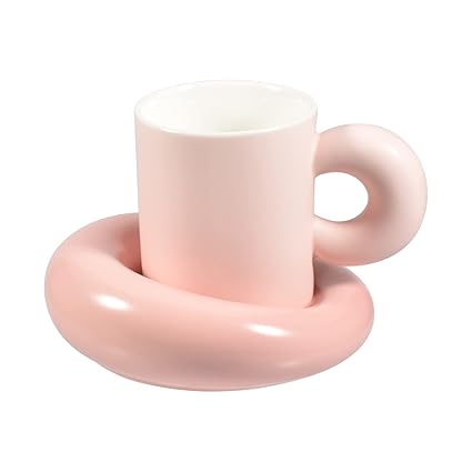 Koythin Ceramic Coffee Mug with Saucer Set, Cute Cream Color Matching Cup Unique Irregular Design for Office and Home, Dishwasher and Microwave Safe, 10 oz/300 ml for Latte Tea Milk (Milk Pink)