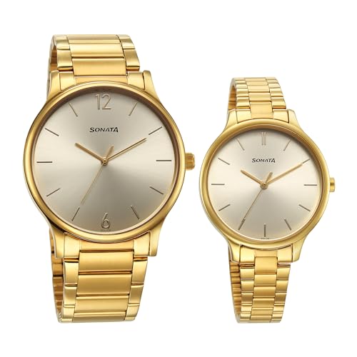 Sonata Pair Quartz Analog Champagne Dial Stainless Steel Strap Watch for Couple_7710587050YM01 (B0D38XC31J) Amazon Price History, Amazon Price Tracker