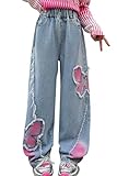 Girls Butterfly Print Jeans Wide Leg Elastic High Waist Casual Fashion Denim Trousers, B7-Pink Butterfly, 10-11 Years = Tag 150