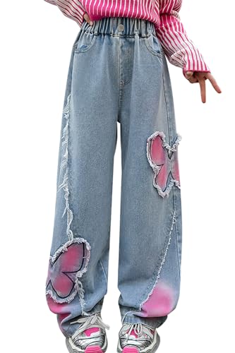 Girls Butterfly Print Jeans Wide Leg Elastic High Waist Casual Fashion Denim Trousers, B7-Pink Butterfly, 10-11 Years = Tag 150