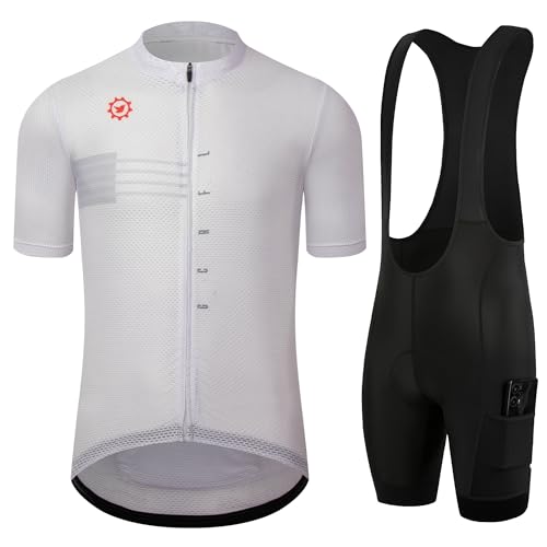 GCRFL Men's Cycling Jersey Sets Road Bike Jersey Riding Shirts Lightweight, Bib Shorts With Pockets Padded (White, L)