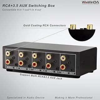 4-in 1-Out RCA 3.5mm AuxAudio Switch Box Audio Converter 4 Channels 1-in 4-Out Passive Audio Selector Switcher Box Connectors (RCA+AUX 4IN-1OUT/1IN-4OUT)