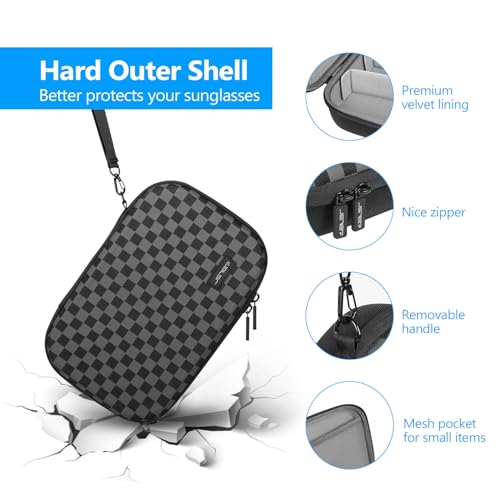Image of JSVER Hard Shell Sunglasses Case, Portable Sunglasses Organizer With Adjustable Slots, Black and Gray Checkered EVA and Velvet Material, Holds Up to 7 Pairs