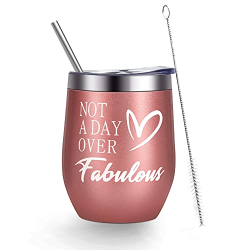 Birthday Gifts for Women, Wine Tumbler Gifts for Women, Vacuum Coffee Tumbler, Stainless Steel Insulated Tumbler with Lid and Straw, Muzpz 12oz Retirement Wine Tumbler Coffee Mug (RoseGold)
