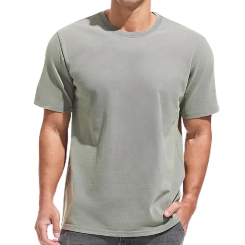 Image of VEIISAR Men's Heavy Weight Crew Neck 100% Cotton T-Shirt - 250g/m² Thick Distressed Washed T-Shirts for Men, Grey, S