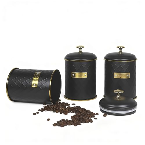 Limitless Essentials Tea Coffee Sugar Storage Canisters, Black Tea Coffee & Sugar Container Set, Labelled Gold Jars with Airtight Lids for Kitchen, Stainless Steel Caddy Pots - Image 4