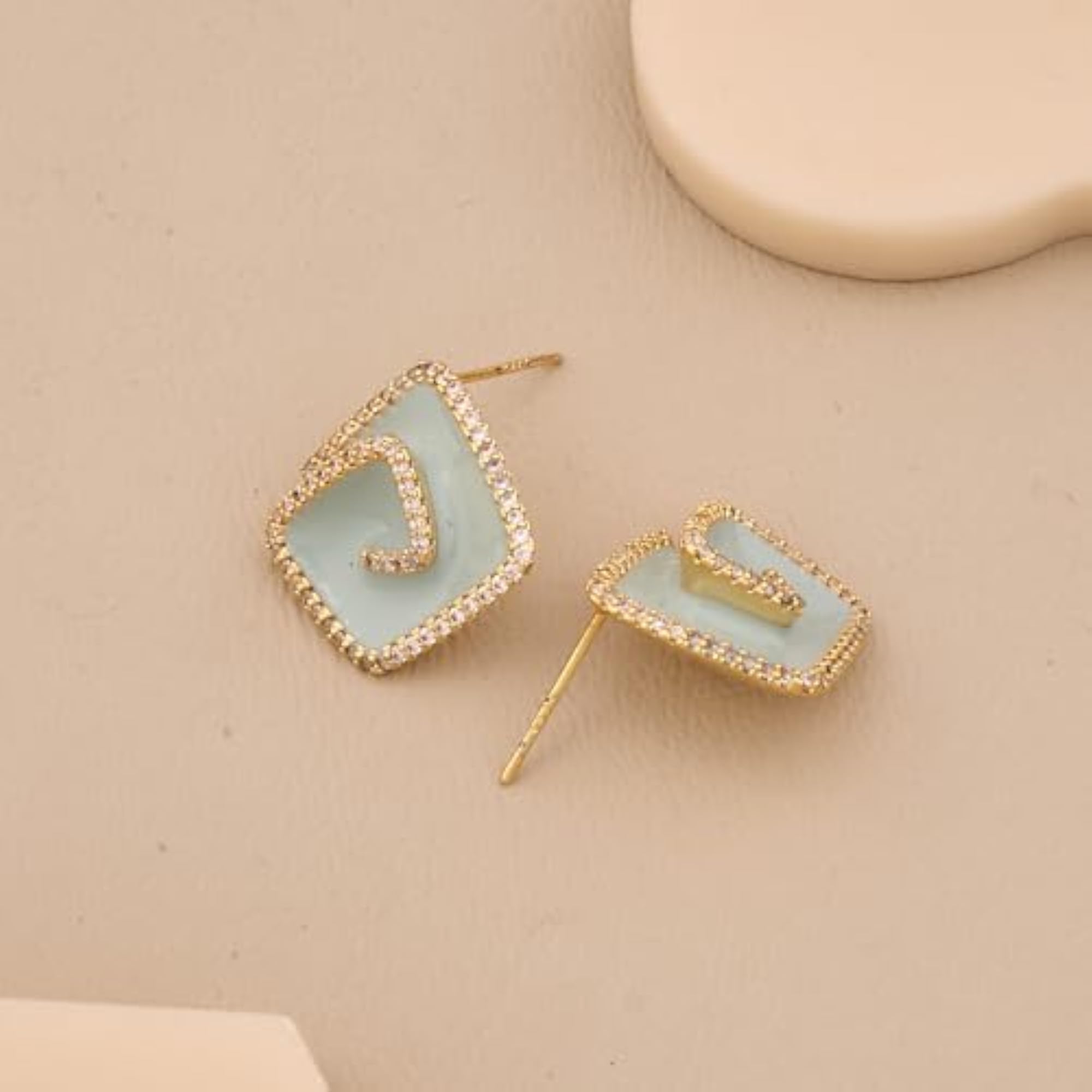 Women's Gold Plated Geometric Enamel Stud Earrings with American Diamonds