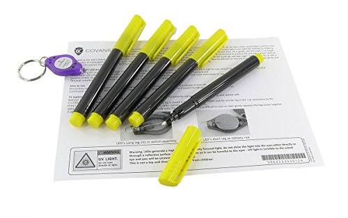 Covans 5 x UV Ink Permanent Marker Pen. Ultra Violet Security Markers. Complimentary UV Blacklight LED Light Torch.