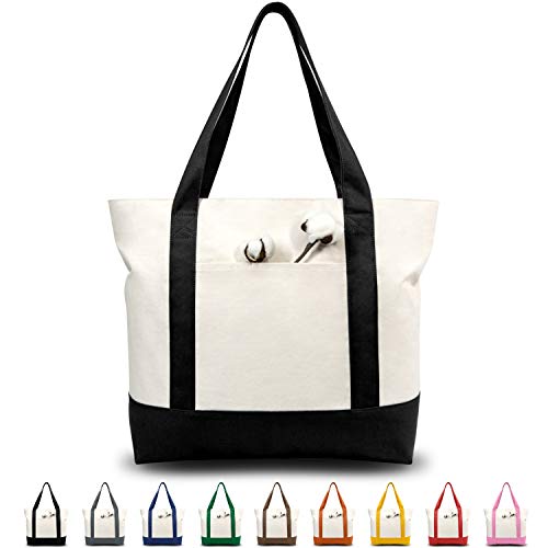 TOPDesign Canvas Tote Bag with External Pocket (Black/Natural)