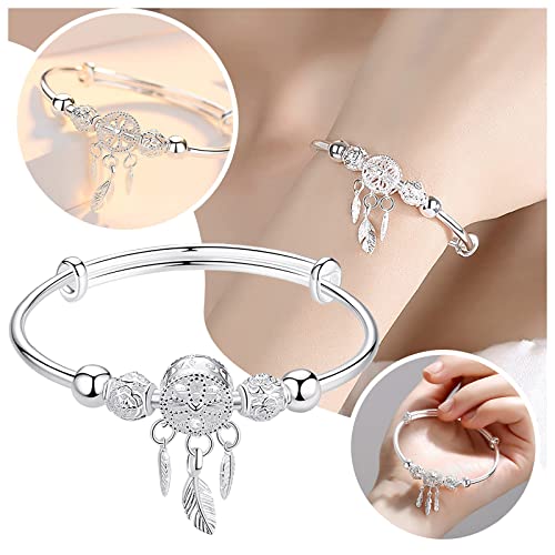 Silver Dream Catcher Tassel Feather Charm Bracelet Bangle, Charm Bracelet Jewelry Bracelet, Fashion Elegant Jewelry Accessories for Women/Mum/Wife/Girlfriend (As Show, 1PC)