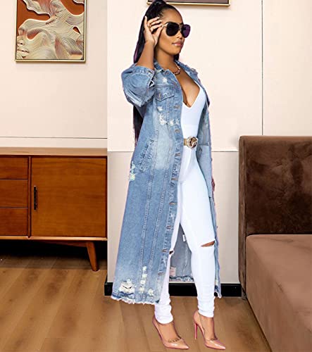 ebossy Women's Ripped Out Distressed Washed Long Blue Denim Jacket Trench Coat4