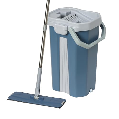 Image of BonKaso Telescopic Flat Mop & Bucket Set with Hands-Free Squeeze System, Microfiber Floor Cleaning Mop for Wet & Dry Cleaning | Includes 2 Reusable Pads for Home, Kitchen, Bathroom & Office | Blue