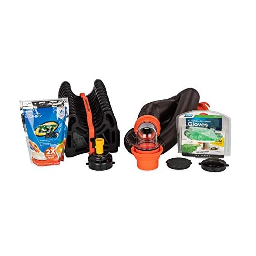 Camco RV Sanitation Kit for Your Holding Tank System - Includes RhinoFLEX Sewer Hose with Fittings, Leak Proof seals, Storage Caps, Sanitation Gloves and TST Drop Ins to Eliminate Holding Tank Odors (44732)