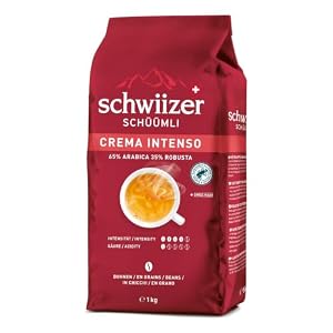 Schwiizer Schüümli Intenso, Arabica/Robusta Kaffeebohnen, charaktervoll-intensiv, ideal für Vollautomaten, Stärke 4/5, mittlere Röstung, Rainforest Alliance, 1kg