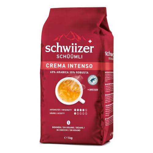 Schwiizer Schüümli Intenso, Arabica/Robusta Kaffeebohnen, charaktervoll-intensiv, ideal für Vollautomaten, Stärke 4/5, mittlere Röstung, Rainforest Alliance, 1kg