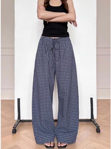 Women's Striped Pants Drawstring Elastic High Waist Loose Wide Leg Plaid Palazzo Pants with Pockets2