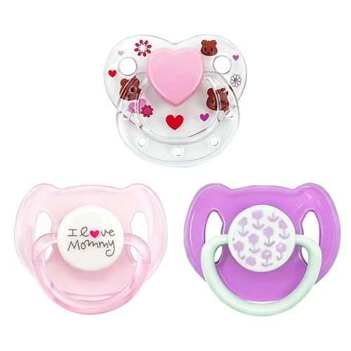 Magnetic Pacifiers 3 Piece Set for Reborn Baby Dolls Feeding Toy Accessories-Girl(Pink Heart, Rainbow, kiss me)