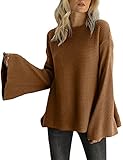 CHERFLY Women's Bell Sleeve Sweater Loose Fit Knitted Pullover Lightweight Knitwear (Brown,Large)