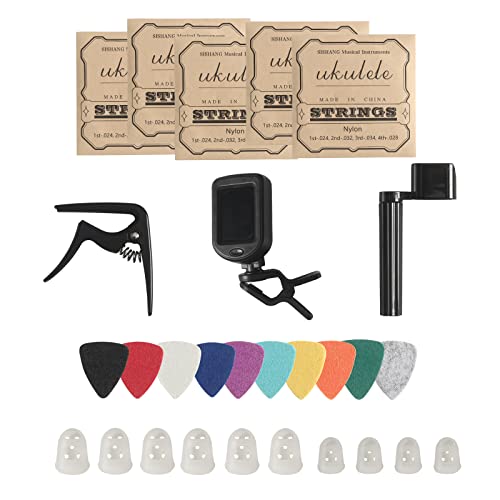 Ukulele Strings Accessories Kit, Nylon Ukelele Strings Set, Tuner, Felt Picks, Capo, Finger Protectors,String Winder for Soprano Concert Tenor Ukulele (28PCS, Black)