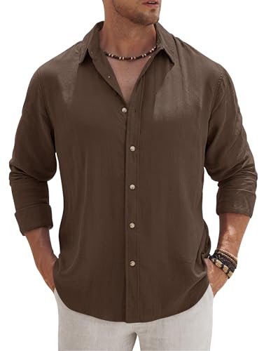 VOGSTART Man Lightweight Button Up Shirt Breathable Soft Fashion Lyocell Outfit Lapel Retro Spring Shirts Cool Work 2025 Trendy Top Brown L