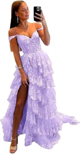 Sparkly Tulle Lace Prom Dresses for Women Teens 2025 Tiered Corset Ball Gown Formal Evening Gowns with Slit