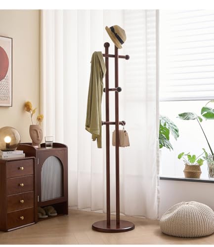 Coat Rack Freestanding, Wooden Coat Tree with 2 Main Rods, Heavy Duty Coat Hanger Stand .Round Base, Walnut Standing Hall Tree for Bedroom Living Room