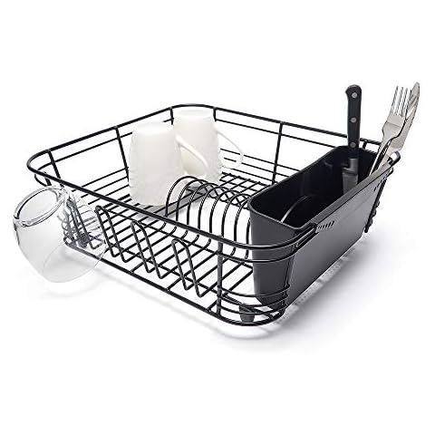 simplywire - Dish Drainer with Cutlery Basket and Glass Drying Hooks - Black Cover