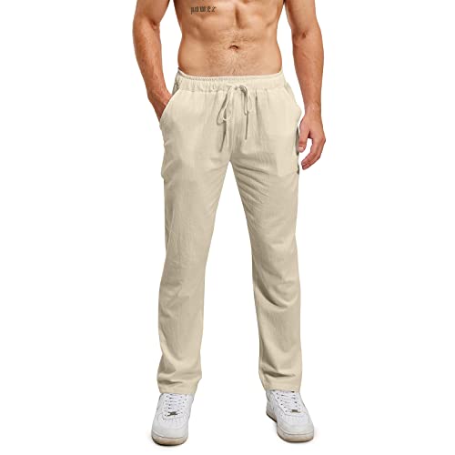 Lanckeli Herren Leinen Sommer Strand Yoga-Hose mit Kordelzug, Lässige,...