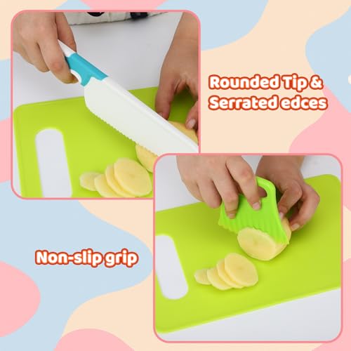 Kaisibum Kindermesser ab 3 jahre,18 Stück Kinder-Küchenmesser-Set zum Schneiden und Kochen von Obst oder Gemüse für Kleinkinder,inklusive Holzmesser Ausstechformen Schneidebrett Schäler