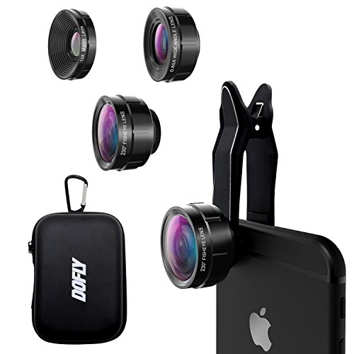 DOFLY Universal Professional HD Camera Lens Kit for Smartphones: 230-Degree Fisheye, 0.65X Super Wide Angle, 15X Macro Lenses - Black