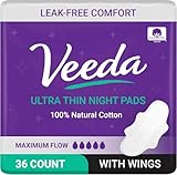 Veeda Ultra Thin Super Absorbent Night Pads are Always Chlorine Pesticide Dye and Fragrance Free Natural Cotton Sanitary Napkins, 3 Packs of 12 Count Each