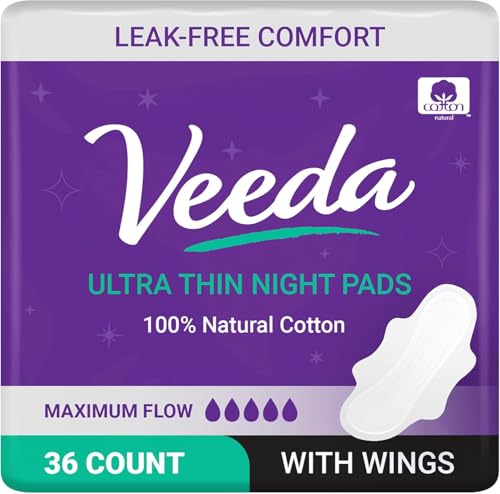 Veeda Natural Cotton Night Pads for Women - Overnight Heavy Flow Absorbent Ultra-Thin Feminine Pad - Hypoallergenic Period pads with Wings - Unscented & Chlorine free Sanitary Napkins - 36 Count