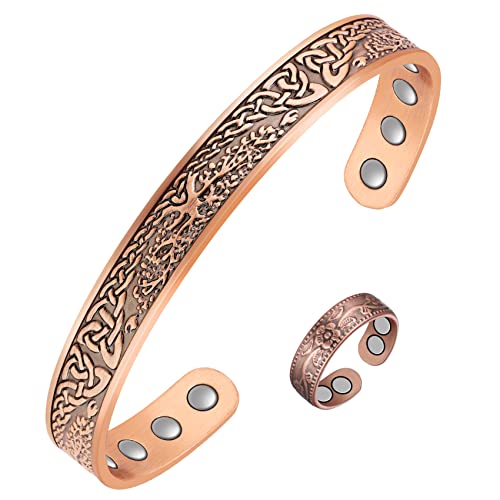 Jecanori Magnetische Armbänder aus Kupfer für Herren und Damen, Baum des Lebens, massives Kupfer, mit 6 ultrastarken Magneten, verstellbare Größe, Armreif mit Schmuck-Geschenkbox Cover