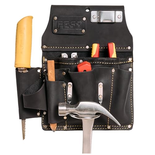 FESA Leather Drywallers Tool Pouch - 10-in-1 Heavy Top Grain Leather Drywall Pouch with Steel Hammer Loop & Tape Measure Clip - Leather Tool Pouch Fits Belts up to 3 - Handcrafted (Black)