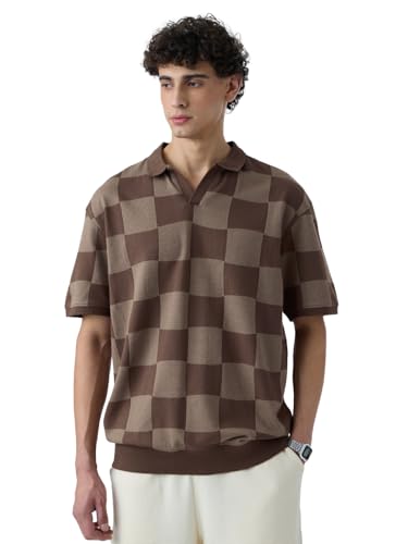 Image of The Souled Store Jacquard: Old School Brown Men and Boys Short Sleeves Collared Neck Cotton Oversized Polos