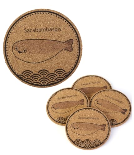 NARUSA サカバンバスピス コースター 4枚セット 直径90mm 厚さ5mm コルクコースター 厚手 カフェ 魚 古代魚 かわいい 面白い 雑貨 インテリア 日本製 ot-079 愛知県 豊橋市