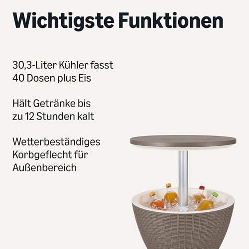 Amazon Basics – Terrassentisch mit 8-Gallonen-Kühlbox im Korbdesign, ‎48 x 48 x 57-82 cm, Braun und Weiß
