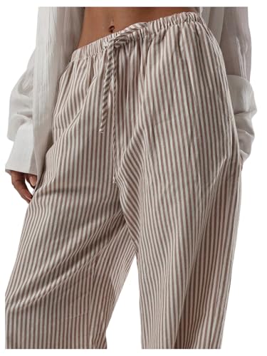 SOLY HUX Women's Striped Linen Pants Drawstring High Waisted Wide Leg Pants Baggy Long Trousers with Pockets4